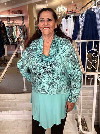2095 Cowl Neck Abstract Asymmetric Tunic - Caribbean