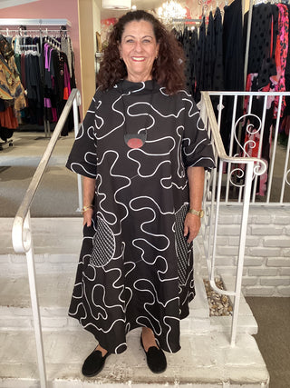 Plus Size Swirl Print Poplin A-Line Dress Black White