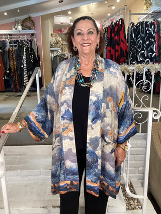 SILK KIMONO-SUN CRANE IN BLUE