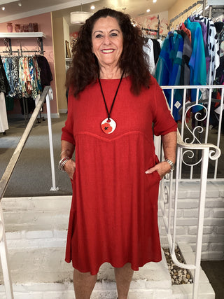2355 Silver Stripe Empire Waist Dress - Red