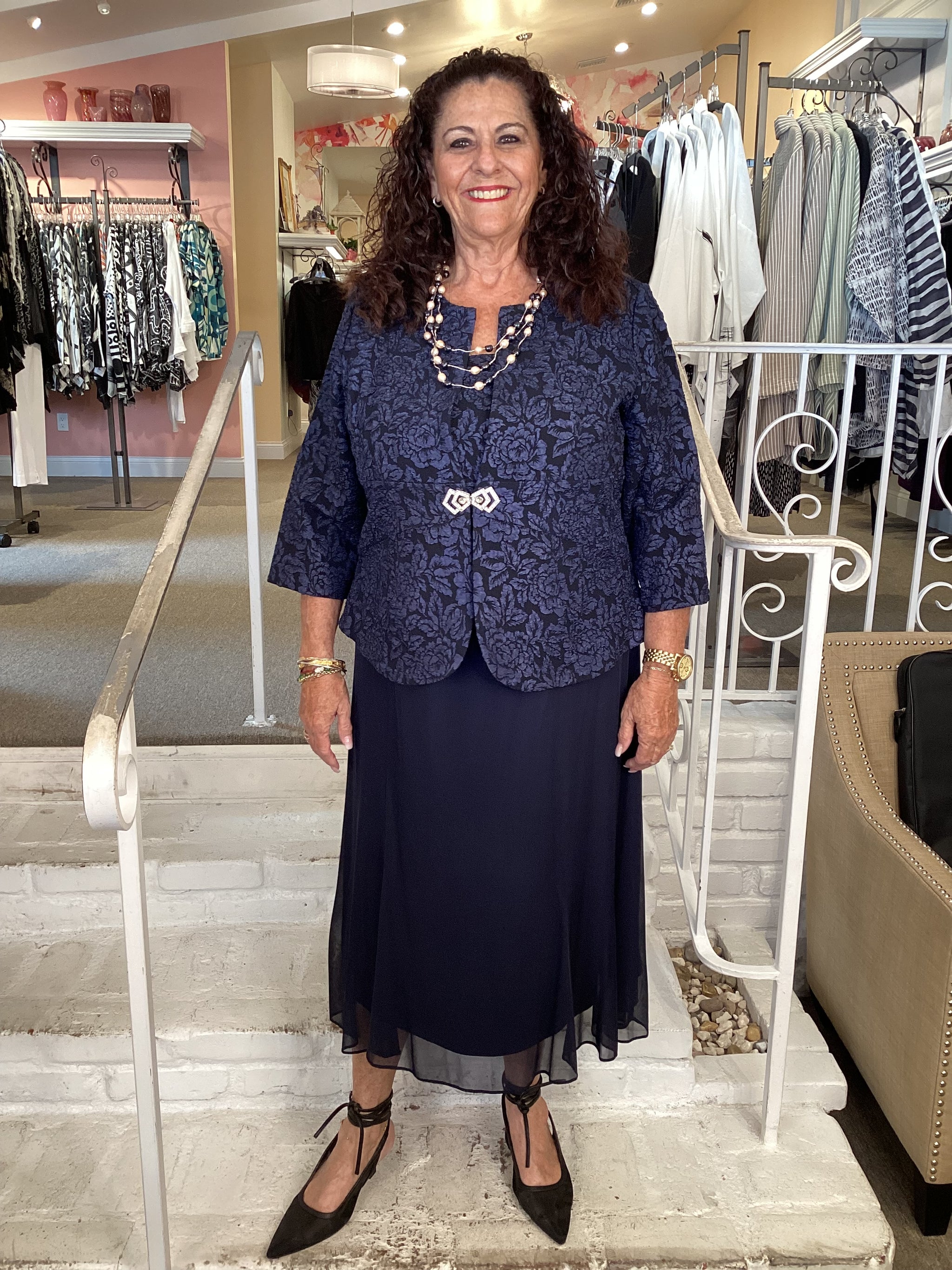 alex evenings dresses outlet Alex Evening Jacquard Tea Jacket & Dress in Navy