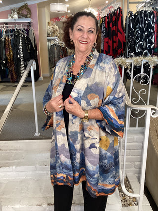 SILK KIMONO-SUN CRANE IN BLUE
