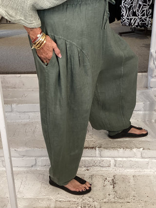 LINEN BAG PANT - OLIVE