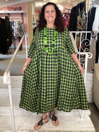 SD170L CHECK LINEN DRESS-LIME