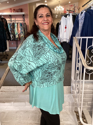 2095 Cowl Neck Abstract Asymmetric Tunic - Caribbean