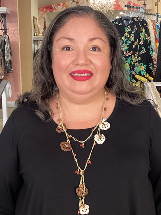 Meredith Strauss Hand Crochet Flower & Bead Lariat Necklace
