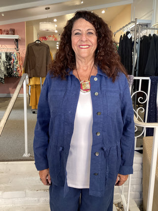 LINEN FLORA JACKET - NAVY