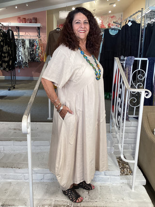 PATCH LINEN DRESS - BEIGE