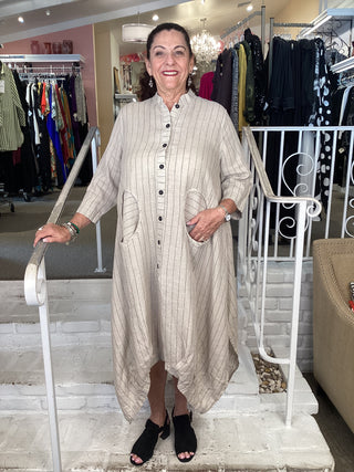 Cheyenne Beige Pin Stripe Circle Pocket Dress