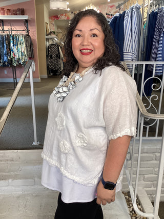 SHORT FRAY LINEN GAUZE TOP-WHT