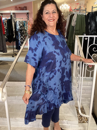 RUFFLE TIE-DYE TUNIC - BLUE