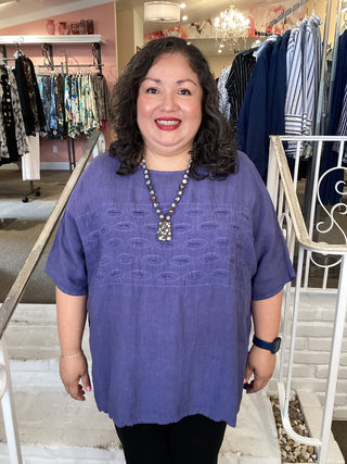 LINEN BOXY TOP -  IRIS BLUE