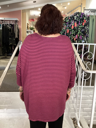 V NECK STRIPE TUNIC - RHUBARB