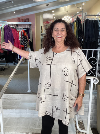 PRINT DOUBLE PKT TOP - BEIGE