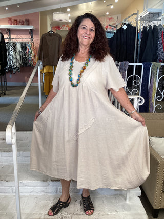 PATCH LINEN DRESS - BEIGE
