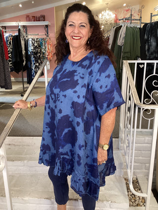RUFFLE TIE-DYE TUNIC - BLUE