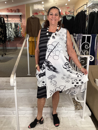 PRINTED MIX MEDIA DRESS - W/B