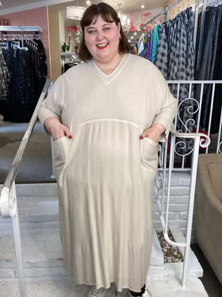 V Neck Seamed Dress - Sand