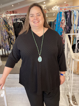 V NECK STRIPE TUNIC - BLACK