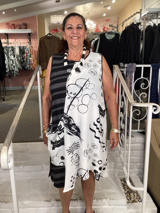 PRINTED MIX MEDIA DRESS - W/B