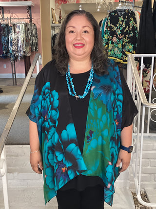 SILK LONG KIMONO - BLUE PEONY