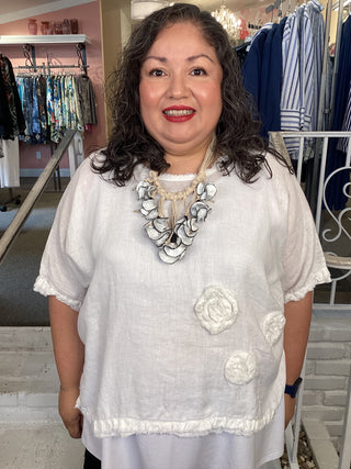 SHORT FRAY LINEN GAUZE TOP-WHT