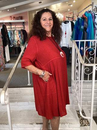 2355 Silver Stripe Empire Waist Dress - Red