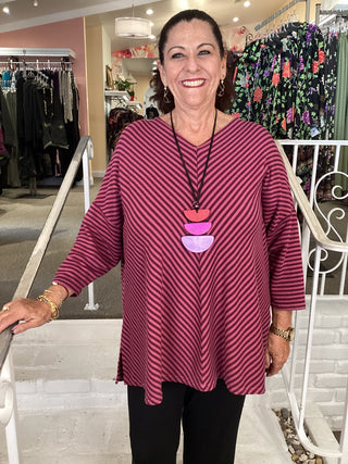 V NECK STRIPE TUNIC - RHUBARB