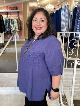 LINEN BOXY TOP -  IRIS BLUE