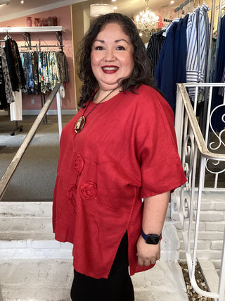 LINEN GAUZE BOXY TOP - RED