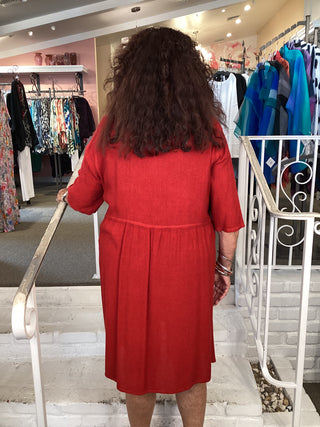 2355 Silver Stripe Empire Waist Dress - Red