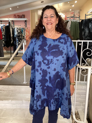 RUFFLE TIE-DYE TUNIC - BLUE