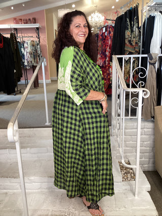 SD170L CHECK LINEN DRESS-LIME