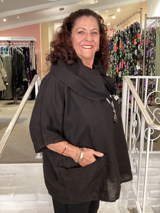 COWL LINEN TOP - BLACK