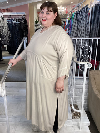 V Neck Seamed Dress - Sand