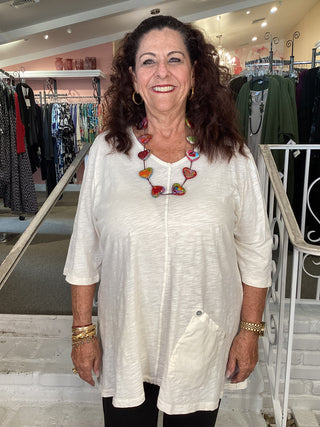 V NECK ELBOW POCKET - CREAM