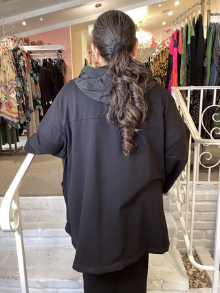 ZIP HOODIE ROUND PKT - BLACK
