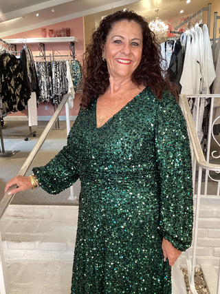 EMERALD V NK SEQUIN GOWN