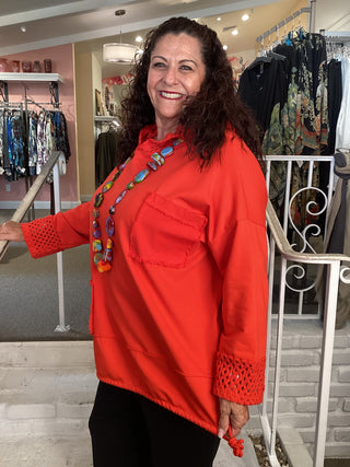 MESH HOOD/CUFF TUNIC - RED