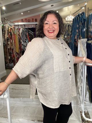 BUTTON SIDE STRIPE TOP - BEIGE
