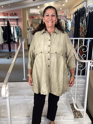 FT1522 BUTTON TUNIC - GREEN/BEIGE