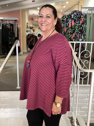 V NECK STRIPE TUNIC - RHUBARB