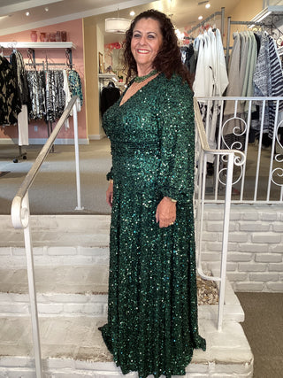 EMERALD V NK SEQUIN GOWN