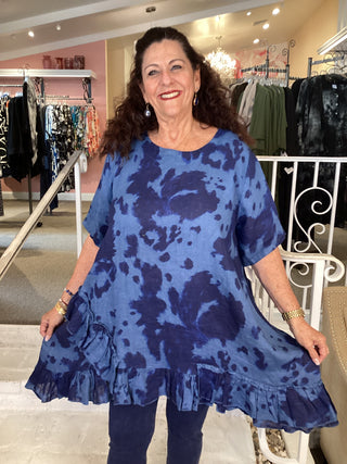 RUFFLE TIE-DYE TUNIC - BLUE