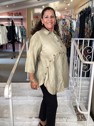 FT1522 BUTTON TUNIC - GREEN/BEIGE
