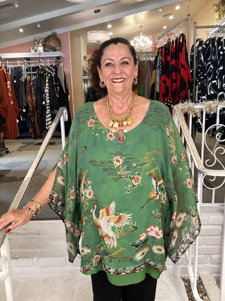 SILK TUNIC-ELEGANT CRANE LOTUS