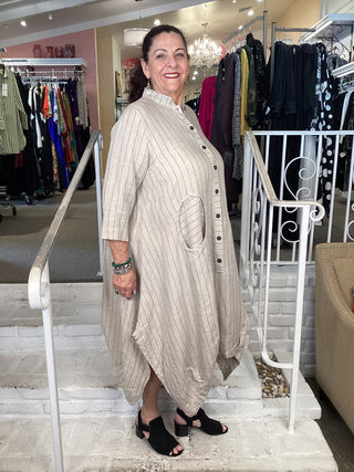 Cheyenne Beige Pin Stripe Circle Pocket Dress