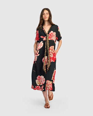 ED314F TIE V FLORAL DRESS