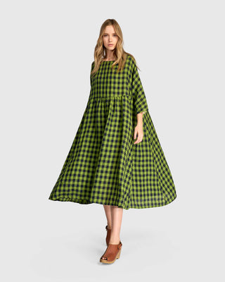 SD170L CHECK LINEN DRESS-LIME