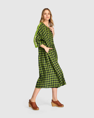 SD170L CHECK LINEN DRESS-LIME